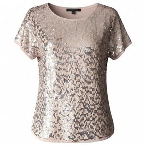 PLEIONE Peach Silver Sequin Embellished Short Sleeve Top Blouse Womens Large NWT